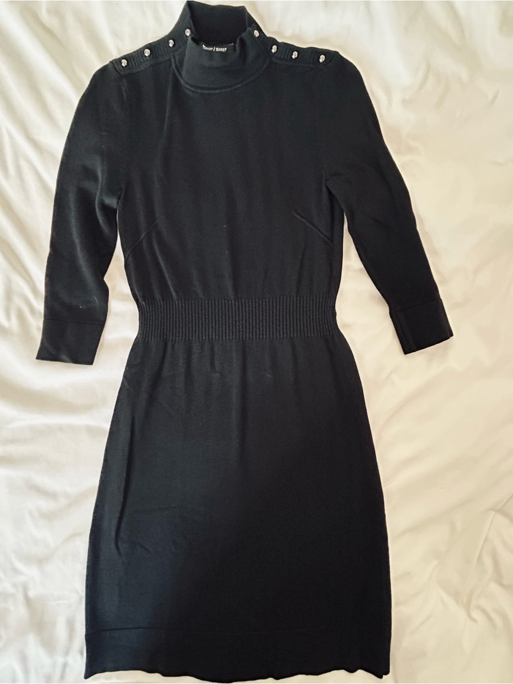 Black Turtleneck Knit Dress with Shoulder Button Detail